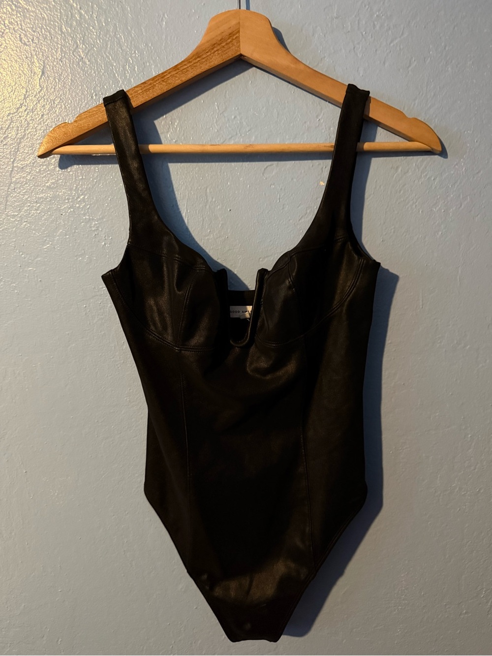Good American Black Faux Leather One-Piece Bodysuit